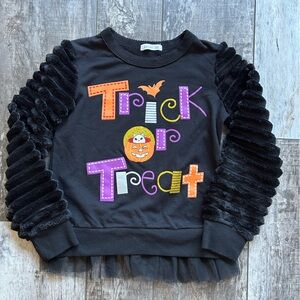 Black Trick or Treat Sweatshirt w/Textured Velvety Sleeves & soft tulle ruffle